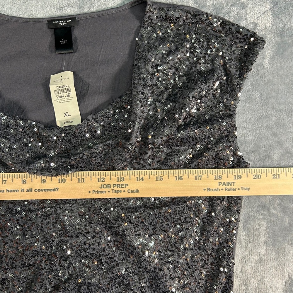 Ann Taylor Women Dark Gray Sequined Cowl Neck Sleeveless Top XL - Picture 5 of 7
